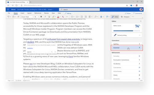Microsoft Azure机器学习采用NVIDIA AI为Word编辑器提供语法建议