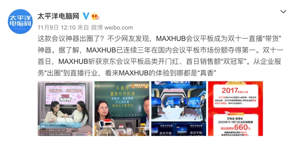 双11战报出炉，MAXHUB再夺双11天猫京东平台会议设备“双冠王”