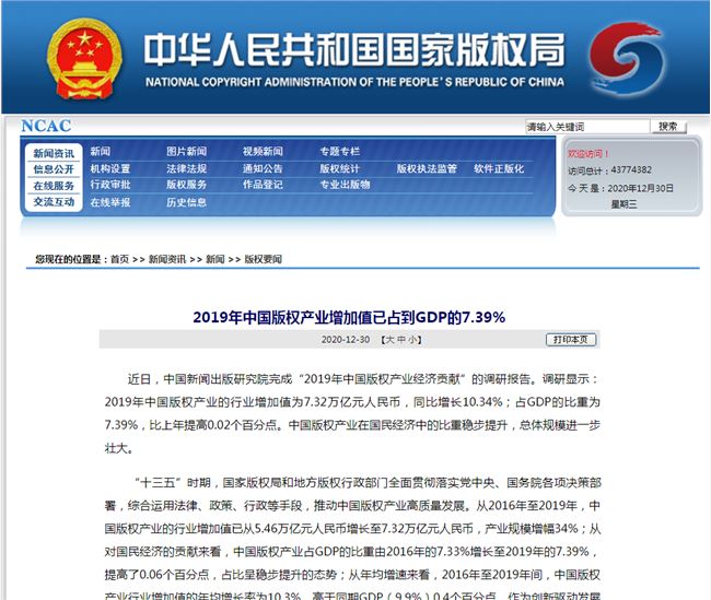 国家版权局：2019年中国版权产业增加值已占到GDP的7.39%